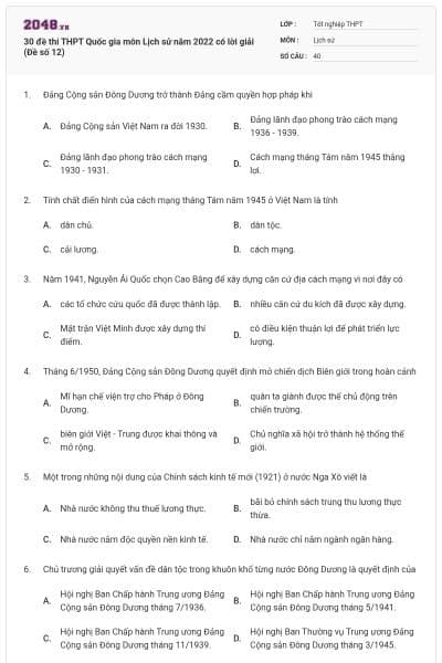 30 đề thi THPT Quốc gia môn Lịch sử năm 2022 có lời giải (Đề số 12)