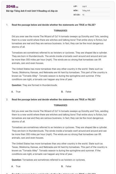 Bài tập Tiếng Anh 8 mới Unit 9 Reading có đáp án