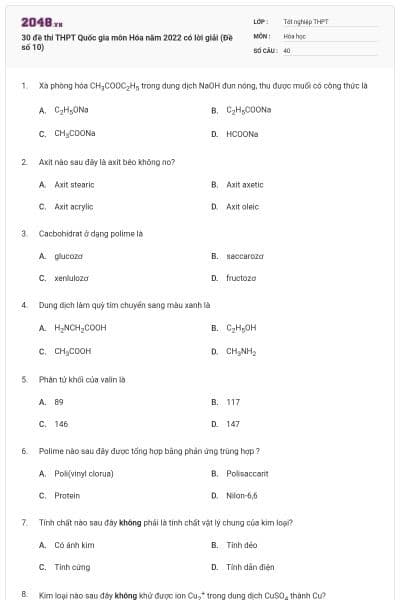30 đề thi THPT Quốc gia môn Hóa năm 2022 có lời giải (Đề số 10)
