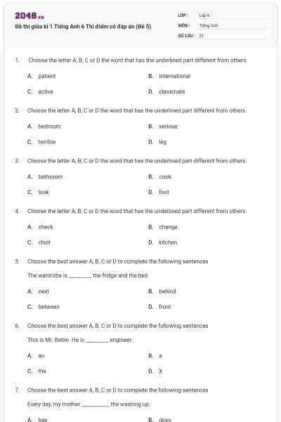 Đề thi giữa kì 1 Tiếng Anh 6 Thí điểm có đáp án (Đề 5)
