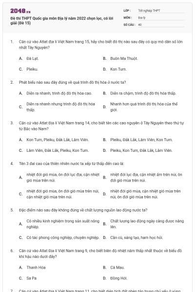 Đề thi THPT Quốc gia môn Địa lý năm 2022 chọn lọc, có lời giải (Đề 15)