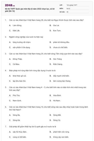 Đề thi THPT Quốc gia môn Địa lý năm 2022 chọn lọc, có lời giải (Đề 16)