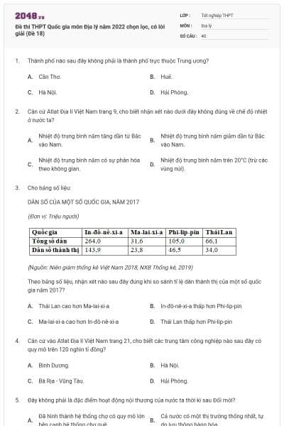 Đề thi THPT Quốc gia môn Địa lý năm 2022 chọn lọc, có lời giải (Đề 18)
