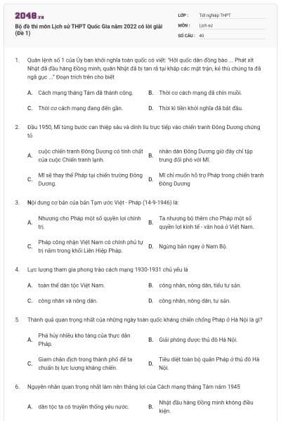 Bộ đề thi môn Lịch sử THPT Quốc Gia năm 2022 có lời giải (Đề 1)