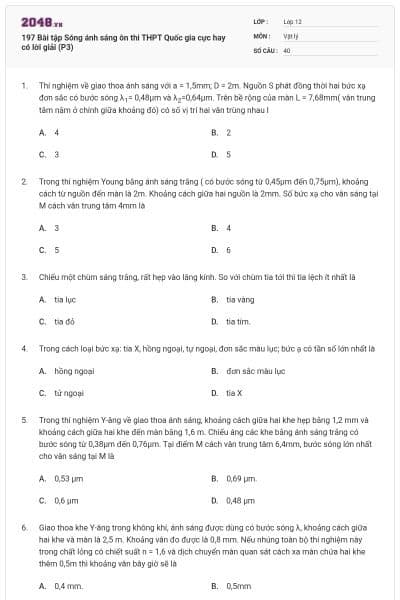 197 Bài tập Sóng ánh sáng ôn thi THPT Quốc gia cực hay có lời giải (P3)