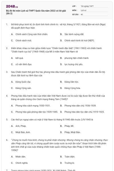 Bộ đề thi môn Lịch sử THPT Quốc Gia năm 2022 có lời giải (Đề 3)