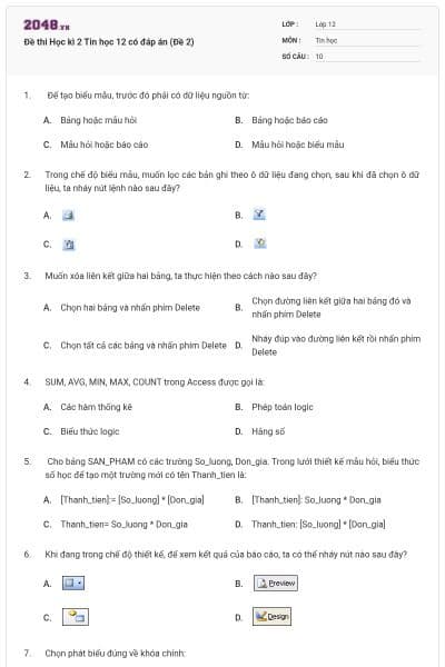 Đề thi Học kì 2 Tin học 12 có đáp án (Đề 2)