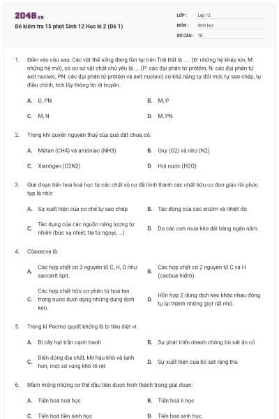 Đề kiểm tra 15 phút Sinh 12 Học kì 2 (Đề 1)
