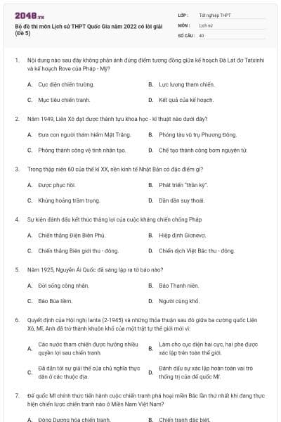 Bộ đề thi môn Lịch sử THPT Quốc Gia năm 2022 có lời giải (Đề 5)