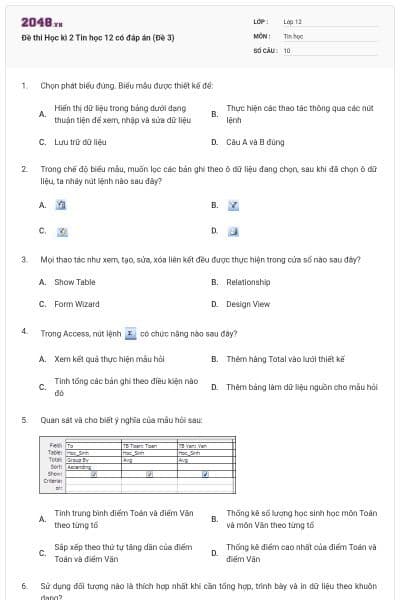 Đề thi Học kì 2 Tin học 12 có đáp án (Đề 3)
