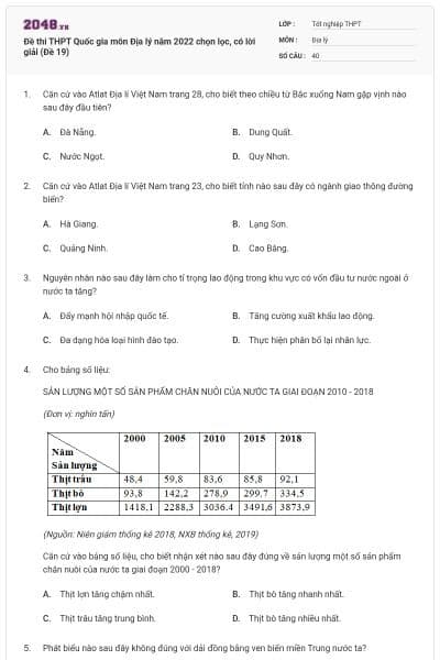 Đề thi THPT Quốc gia môn Địa lý năm 2022 chọn lọc, có lời giải (Đề 19)
