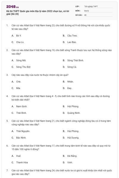 Đề thi THPT Quốc gia môn Địa lý năm 2022 chọn lọc, có lời giải (Đề 20)