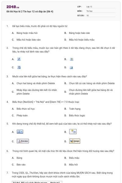 Đề thi Học kì 2 Tin học 12 có đáp án (Đề 4)