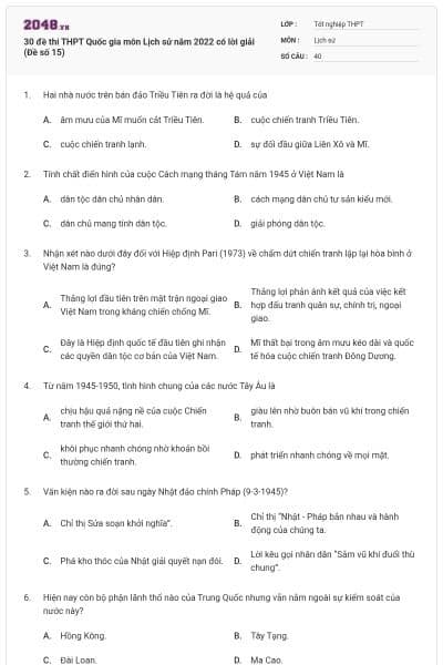 30 đề thi THPT Quốc gia môn Lịch sử năm 2022 có lời giải (Đề số 15)