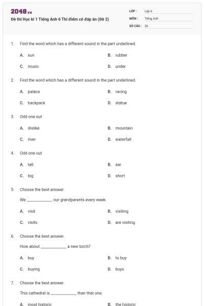 Đề thi Học kì 1 Tiếng Anh 6 Thí điểm có đáp án (Đề 2)
