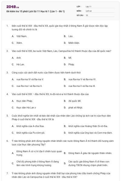 Đề kiểm tra 15 phút Lịch Sử 11 Học kì 1 (Lần 1 - Đề 1)