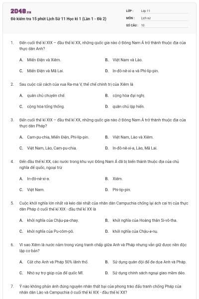 Đề kiểm tra 15 phút Lịch Sử 11 Học kì 1 (Lần 1 - Đề 2)