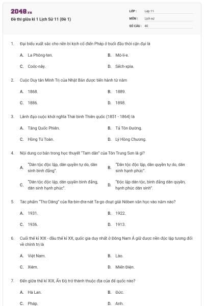 Đề thi giữa kì 1 Lịch Sử 11 (Đề 1)