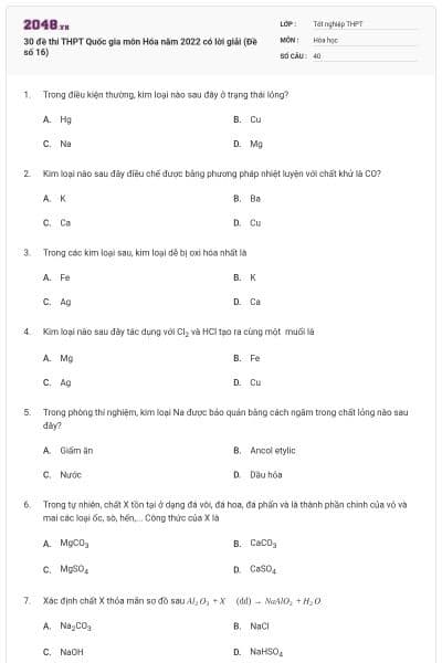 30 đề thi THPT Quốc gia môn Hóa năm 2022 có lời giải (Đề số 16)