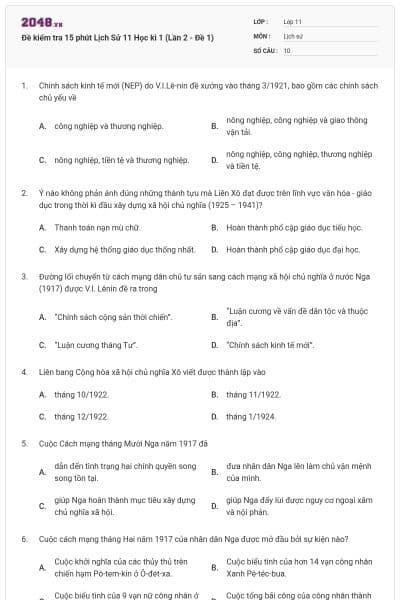 Đề kiểm tra 15 phút Lịch Sử 11 Học kì 1 (Lần 2 - Đề 1)