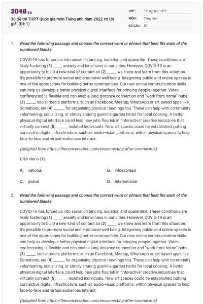 30 đề thi THPT Quốc gia môn Tiếng anh năm 2022 có lời giải (Đề 1)