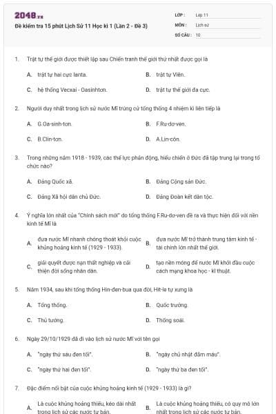 Đề kiểm tra 15 phút Lịch Sử 11 Học kì 1 (Lần 2 - Đề 3)