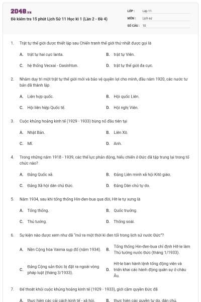 Đề kiểm tra 15 phút Lịch Sử 11 Học kì 1 (Lần 2 - Đề 4)