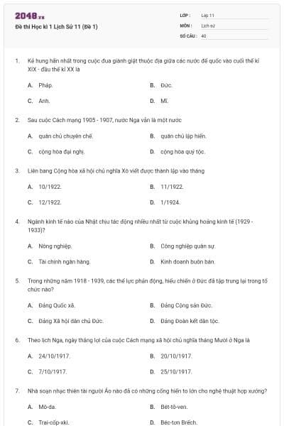 Đề thi Học kì 1 Lịch Sử 11 (Đề 1)