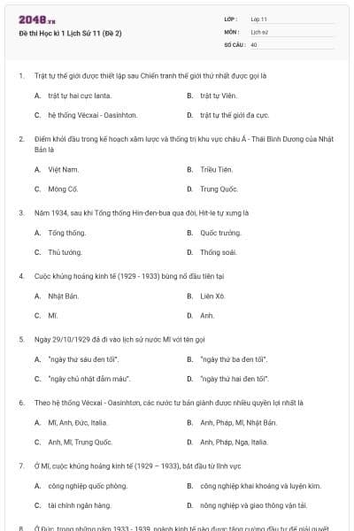 Đề thi Học kì 1 Lịch Sử 11 (Đề 2)