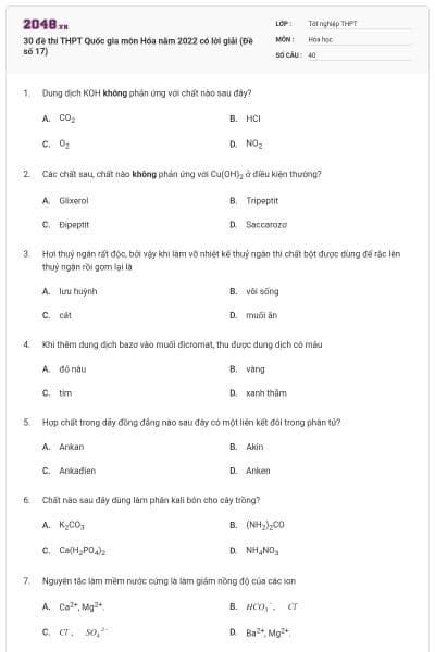 30 đề thi THPT Quốc gia môn Hóa năm 2022 có lời giải (Đề số 17)