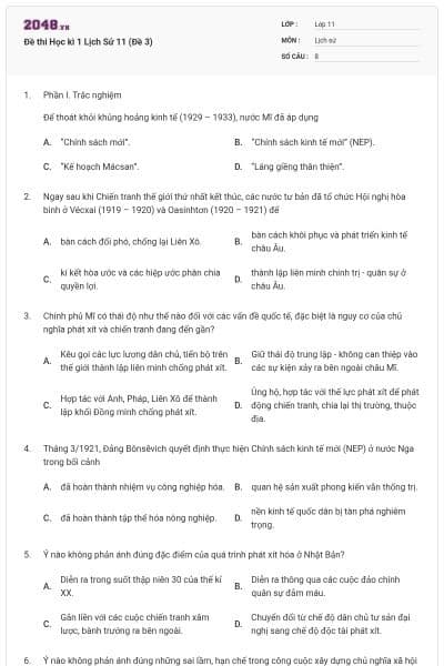 Đề thi Học kì 1 Lịch Sử 11 (Đề 3)