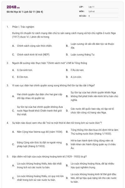 Đề thi Học kì 1 Lịch Sử 11 (Đề 4)