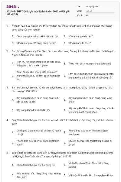 30 đề thi THPT Quốc gia môn Lịch sử năm 2022 có lời giải (Đề số 18)