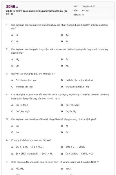 30 đề thi THPT Quốc gia môn Hóa năm 2022 có lời giải (Đề số 18)