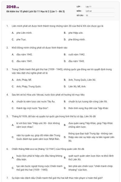 Đề kiểm tra 15 phút Lịch Sử 11 Học kì 2 (Lần 1 - Đề 3)