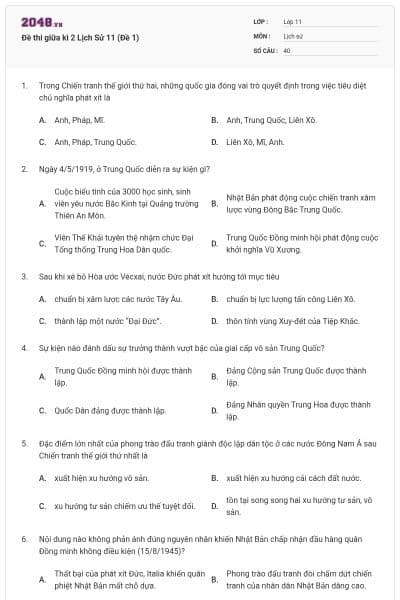 Đề thi giữa kì 2 Lịch Sử 11 (Đề 1)