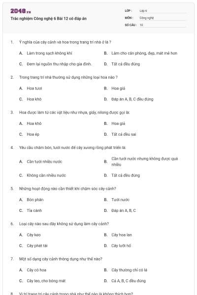 Trắc nghiệm Công nghệ 6 Bài 12 có đáp án