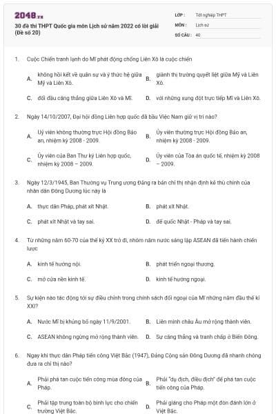 30 đề thi THPT Quốc gia môn Lịch sử năm 2022 có lời giải (Đề số 20)