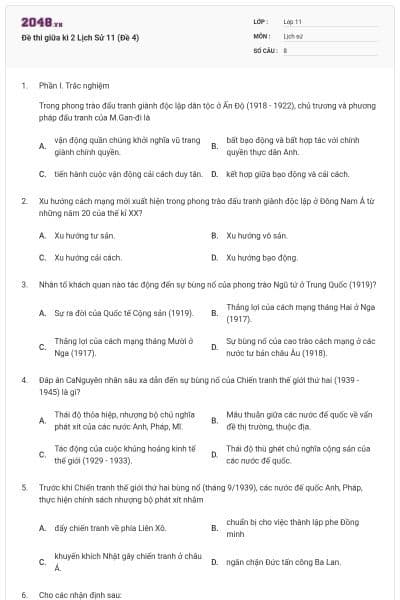 Đề thi giữa kì 2 Lịch Sử 11 (Đề 4)