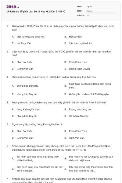 Đề kiểm tra 15 phút Lịch Sử 11 Học kì 2 (Lần 2 - Đề 4)