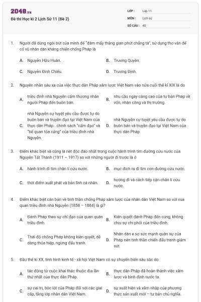Đề thi Học kì 2 Lịch Sử 11 (Đề 2)