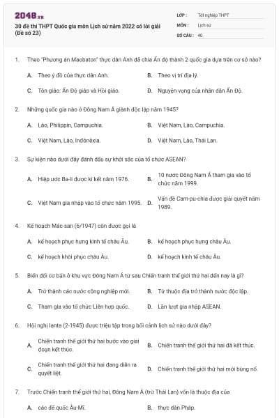 30 đề thi THPT Quốc gia môn Lịch sử năm 2022 có lời giải (Đề số 23)