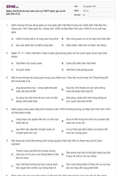 [Năm 2022] Đề thi thử môn Lịch sử THPT Quốc gia có lời giải (Đề số 2)