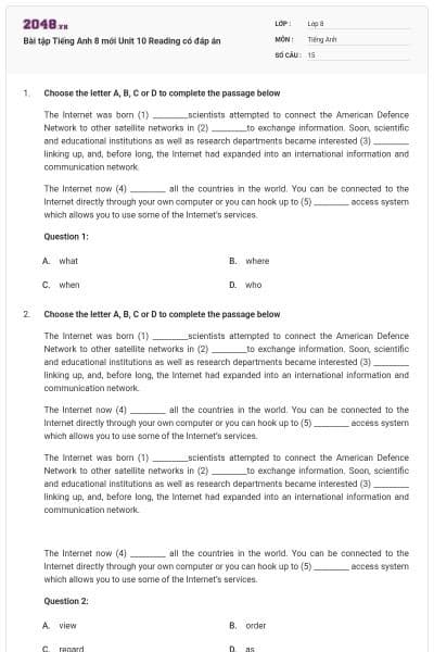 Bài tập Tiếng Anh 8 mới Unit 10 Reading có đáp án