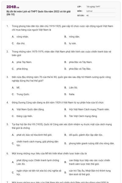 Bộ đề thi môn Lịch sử THPT Quốc Gia năm 2022 có lời giải (Đề 10)
