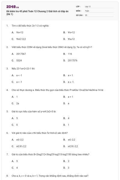 Đề kiểm tra 45 phút Toán 12 Chương 2 Giải tích có đáp án (Đề 1)