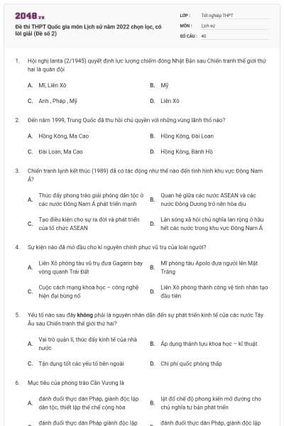 Đề thi THPT Quốc gia môn Lịch sử năm 2022 chọn lọc, có lời giải (Đề số 2)