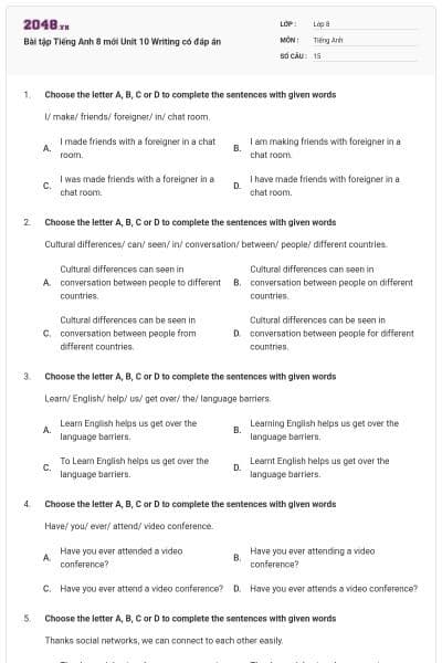 Bài tập Tiếng Anh 8 mới Unit 10 Writing có đáp án