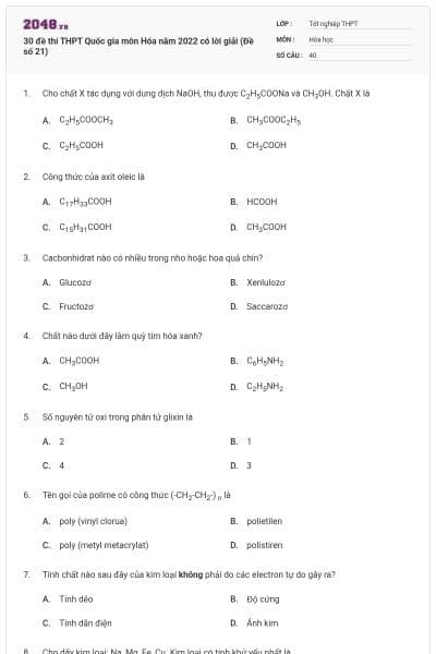30 đề thi THPT Quốc gia môn Hóa năm 2022 có lời giải (Đề số 21)