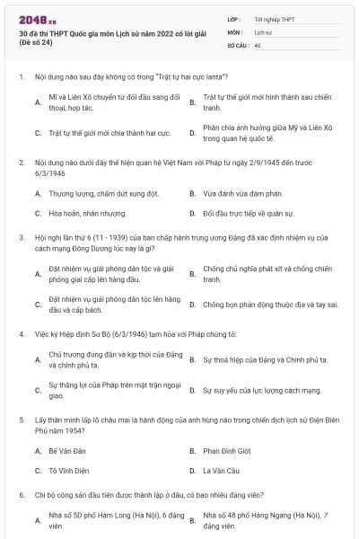 30 đề thi THPT Quốc gia môn Lịch sử năm 2022 có lời giải (Đề số 24)